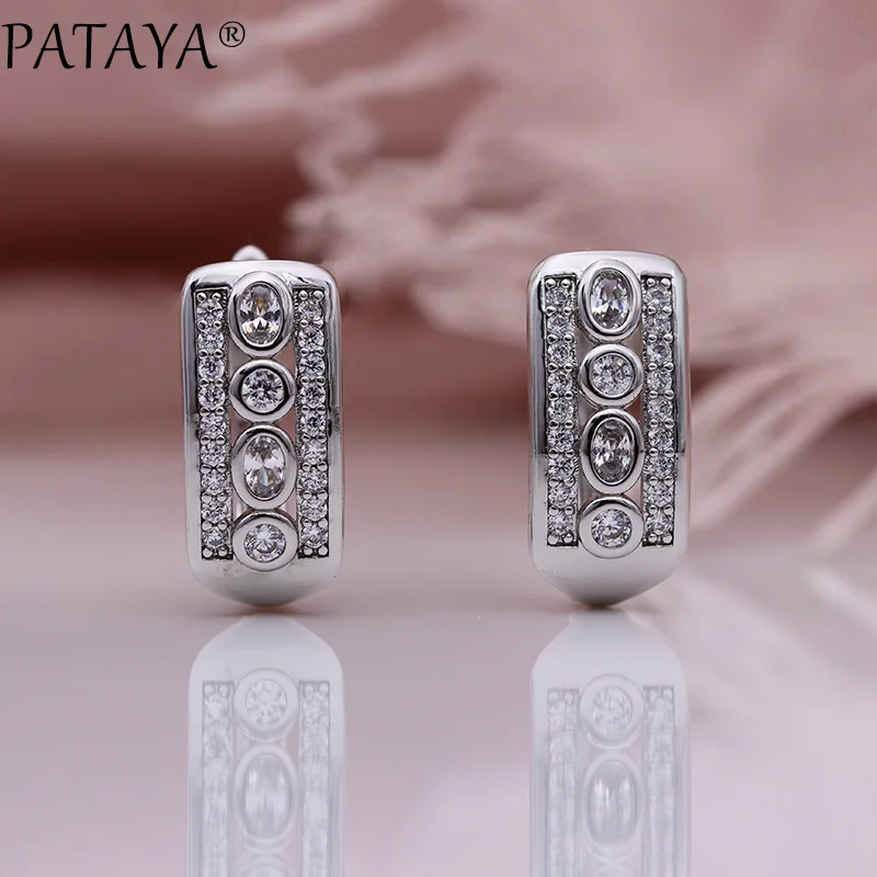 PATAYA, новинка, полые разноцветные висячие серьги, белое золото, Круглый Овальный натуральный циркон, Женские уникальные модные ювелирные изделия, вечерние серьги, подарок - Окраска металла: White