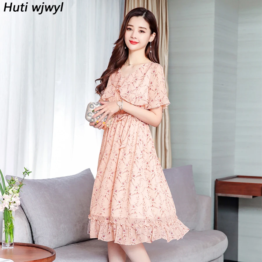 2019 Винтаж 3XL плюс размеры розовый принт пляжные наряды лето сладкий шифон Boho миди