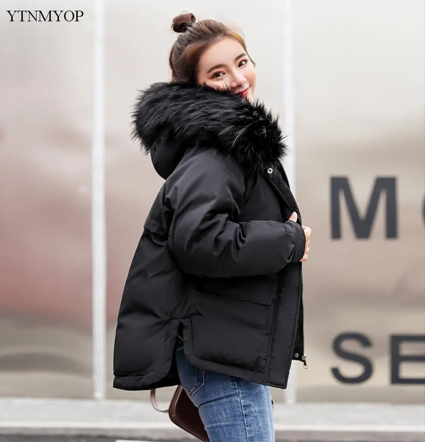 Черный YTNMYOP, женская зимняя куртка, новинка, свободная Повседневная парка, женский большой меховой воротник, короткое ватное пальто, Толстая теплая одежда с капюшоном - Цвет: Черный