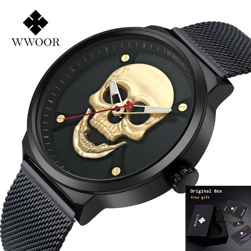 Мужские кварцевые часы с черепом водонепроницаемые из нержавеющей стали