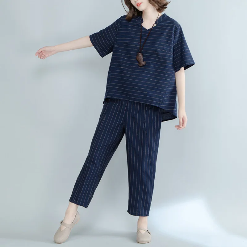 2018 Summer cotton-blend striped women's suits plus XL 2XL size cotton T-shirt and ankle-length pants summer set | Женская одежда