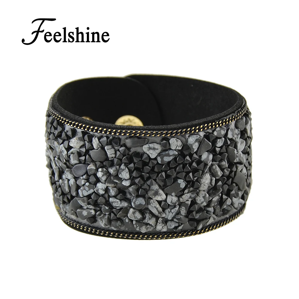 Feelshine Statement Bracelets Wide PU Leather Blue Black Red Stone Wrap Wristband For Women and Men Jewelry Bijoux | Украшения и