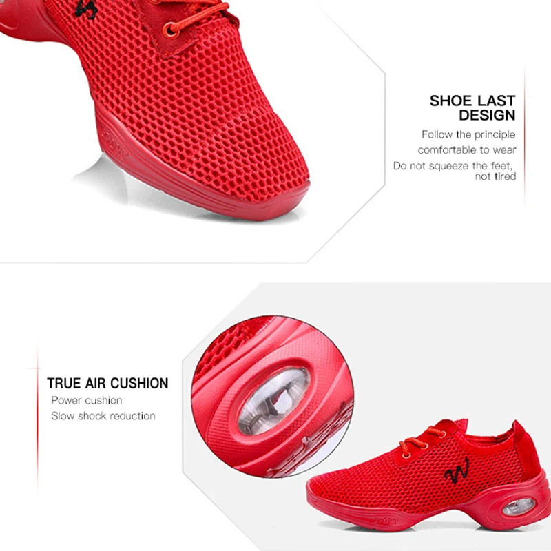 Женская танцевальная обувь с мягкой подошвой красная дышащая сетчатая на