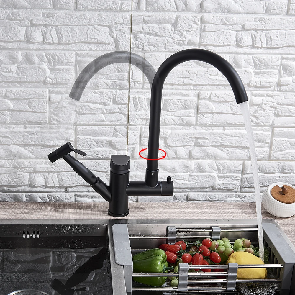 Черный кухонный смеситель для раковины Uythner вращающийся вытяжной горячей и