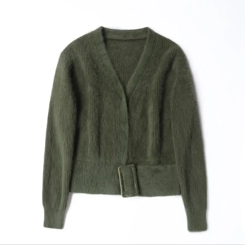 2018 winter women's angora rabbit cardigans sweater apricot loose casual belted v-neck keep warm |