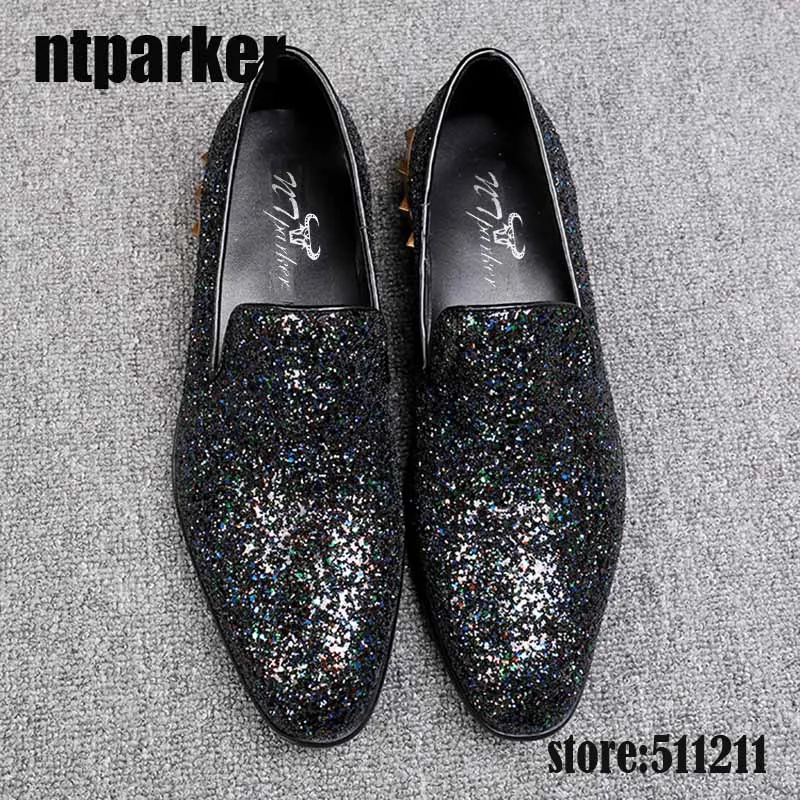 ntparker brand men italian Style leather shoes dress Pointed toe sapatos homens wedding Flats Black Blue Rhinestones | Обувь