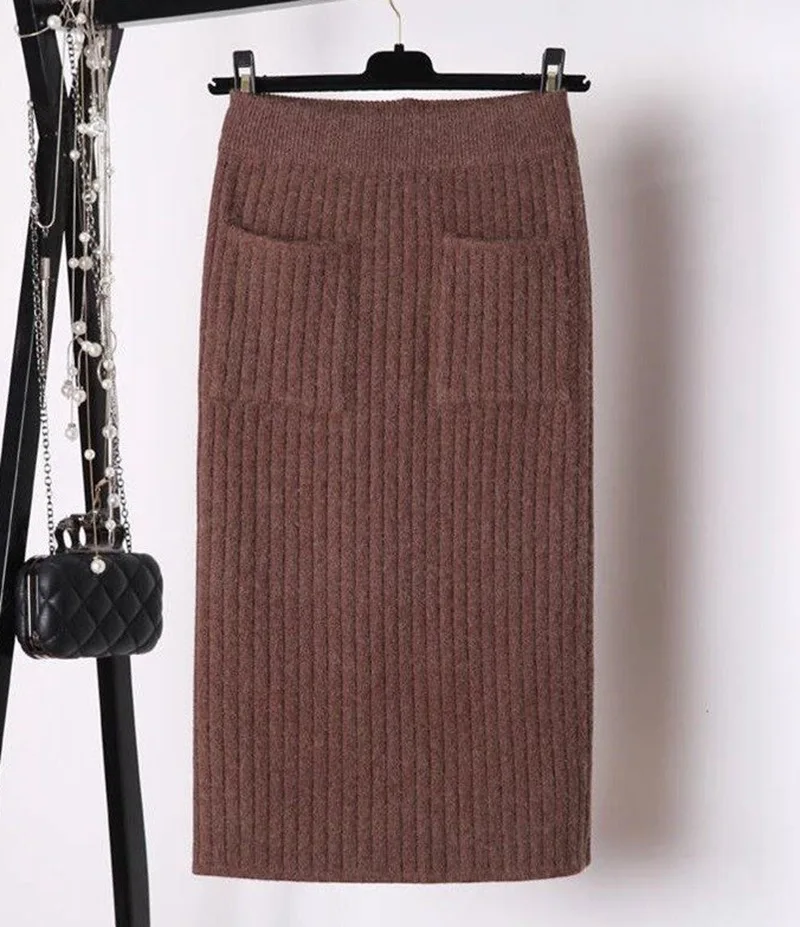GIGOGOU элегантные миди юбки-карандаш с высокой талией, эластичная лента, вязаная юбка в рубчик, женская зимняя Толстая теплая плиссированная юбка с разрезом