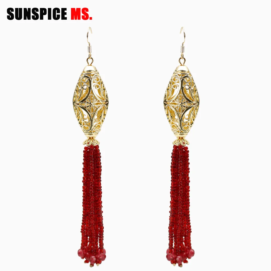 NEOVISSON African Bead Tassels Dangle Earrings For Women Gold Color Hollow Birdcage Ball Hook Wedding Earring Indian Jewelry | Украшения и