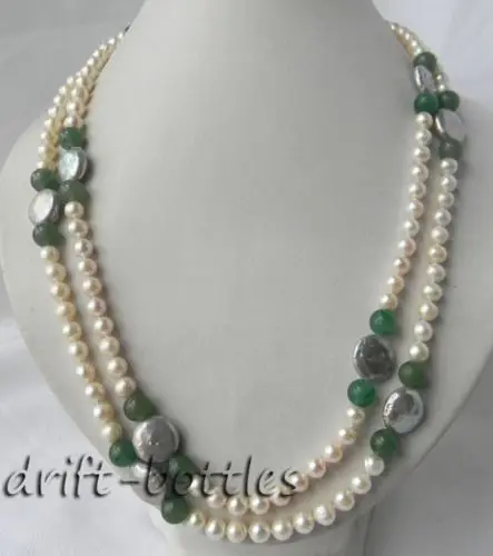 

45'' 7MM White Round Gray Coin Freshwater Pearl Green Jadeite Necklace