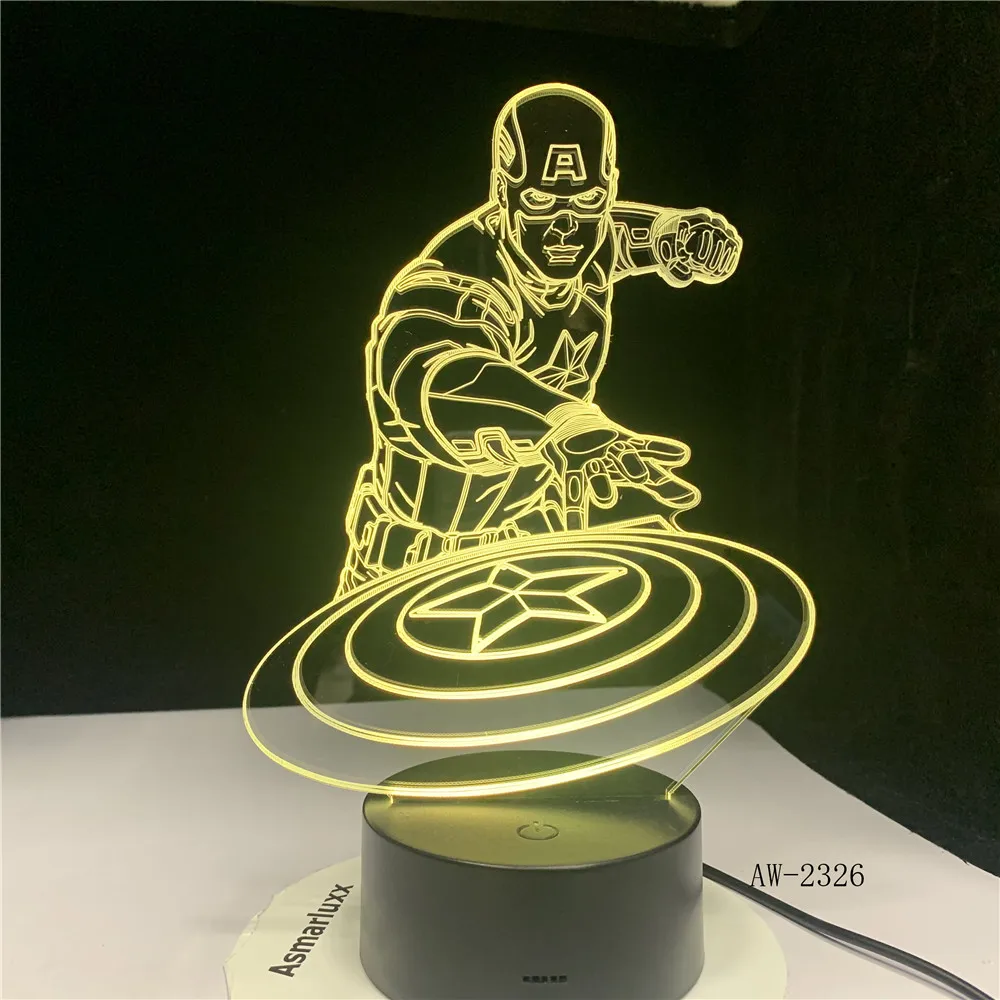 Капитан Америка щит фигурка 3D разноцветный акриловый Настольный Ночник светильник светодиодный Иллюзия сенсорный USB лампа мальчик дети игрушка подарок AW-2326