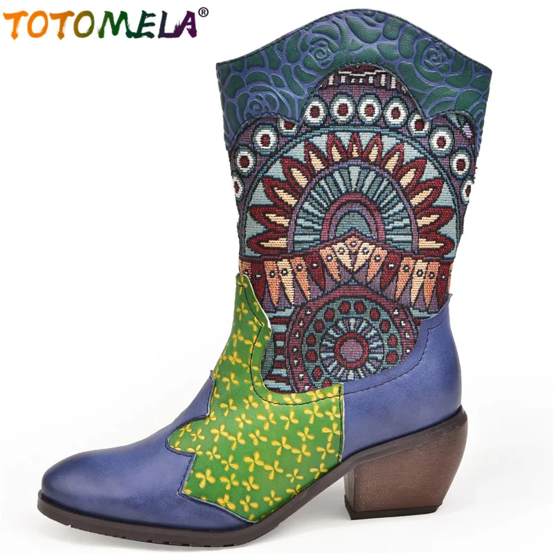 

TOTOMELA 2022 New fashion genuine leather boots women Hand-made embroidery square heel mid calf boots zip ladies western boots