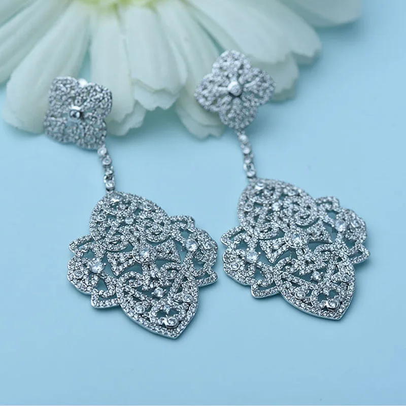 LUOTEEMI New Korea Style Big Brincos White Gold Color Elegant Jewelry Full Cubic Zircon Sparkling Drop Earring Double Flowers|drop earrings|earrings
