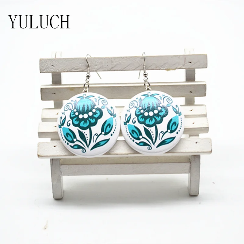 Женские круглые серьги YULUCH белые деревянные ручной работы с принтом модный