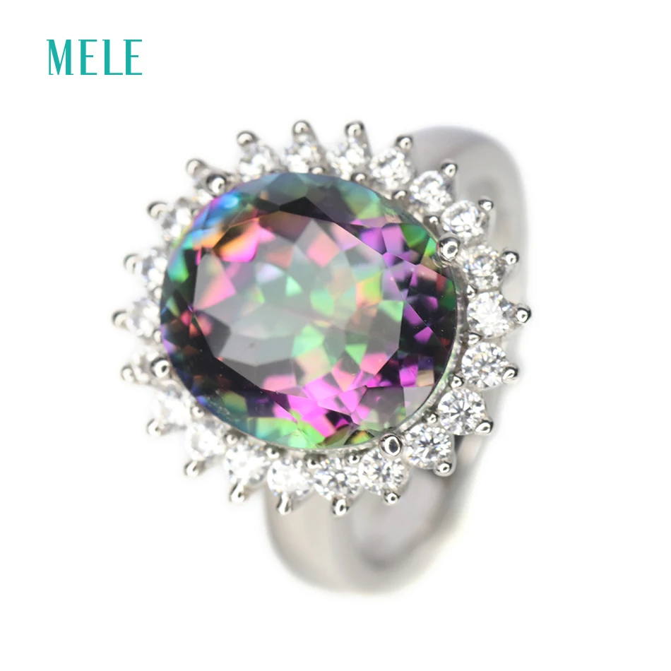 Меле натуральный Мистик кварты серебряное кольцо Овальный 12 мм * 14 Радуга