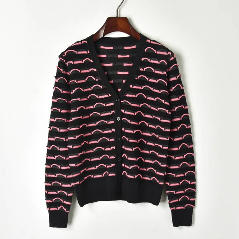 2019 New Spring Cardigan Women Colors Wave Pattern Fold Knit Ladies Single Breasted Sweater Female Coat |