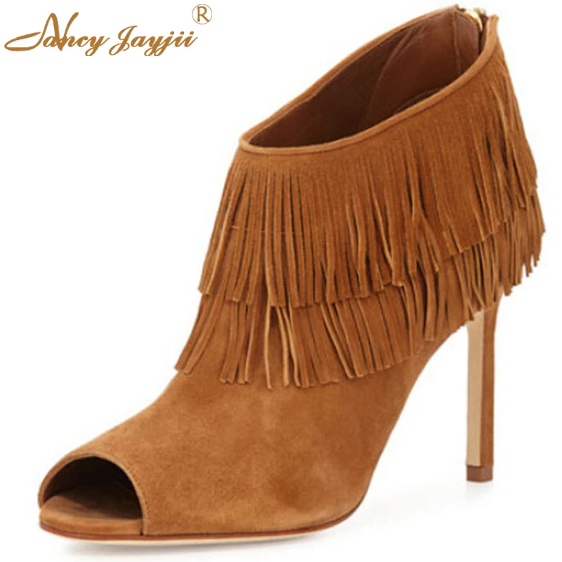 

Nancyjayjii Peep Toe Ankle Boots 2021 Summer Autumn Women’S Novelty Brown Flock Super Stiletto Heels Ladies Fringe Zipper Shoes