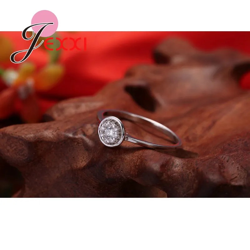 Genuine 925 Sterling Silver Round Shape Clear Cubic Zirconia Finger Rings Crystal Jewelry Present For Women Bridal Wedding | Украшения и