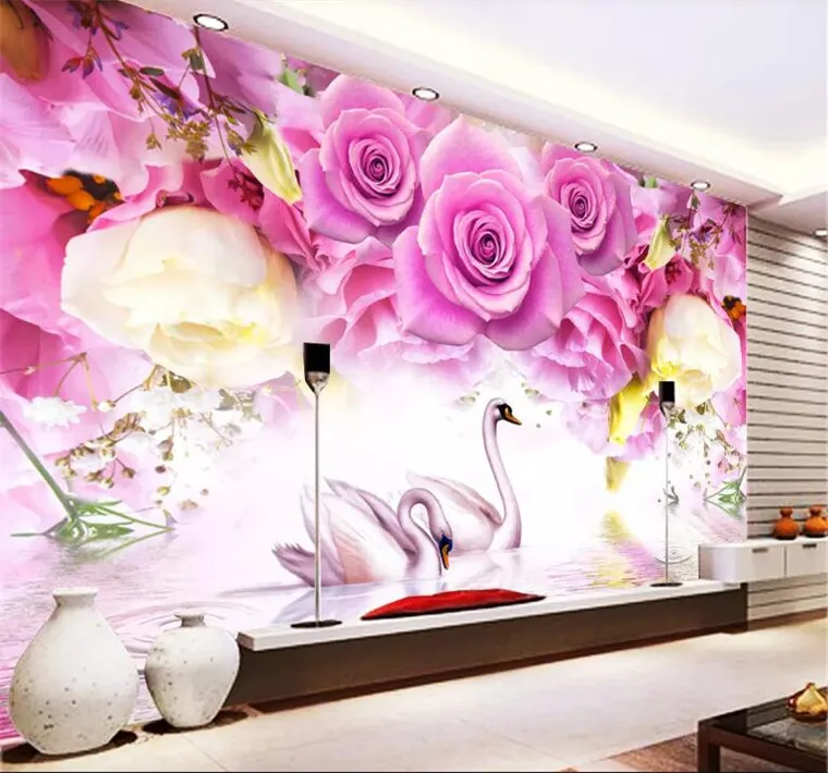 

Custom Photo Wallpaper Mural Wall Sticker Purple Rose Swan Fashion TV Wall papel de parede wallpaper for walls 3 d