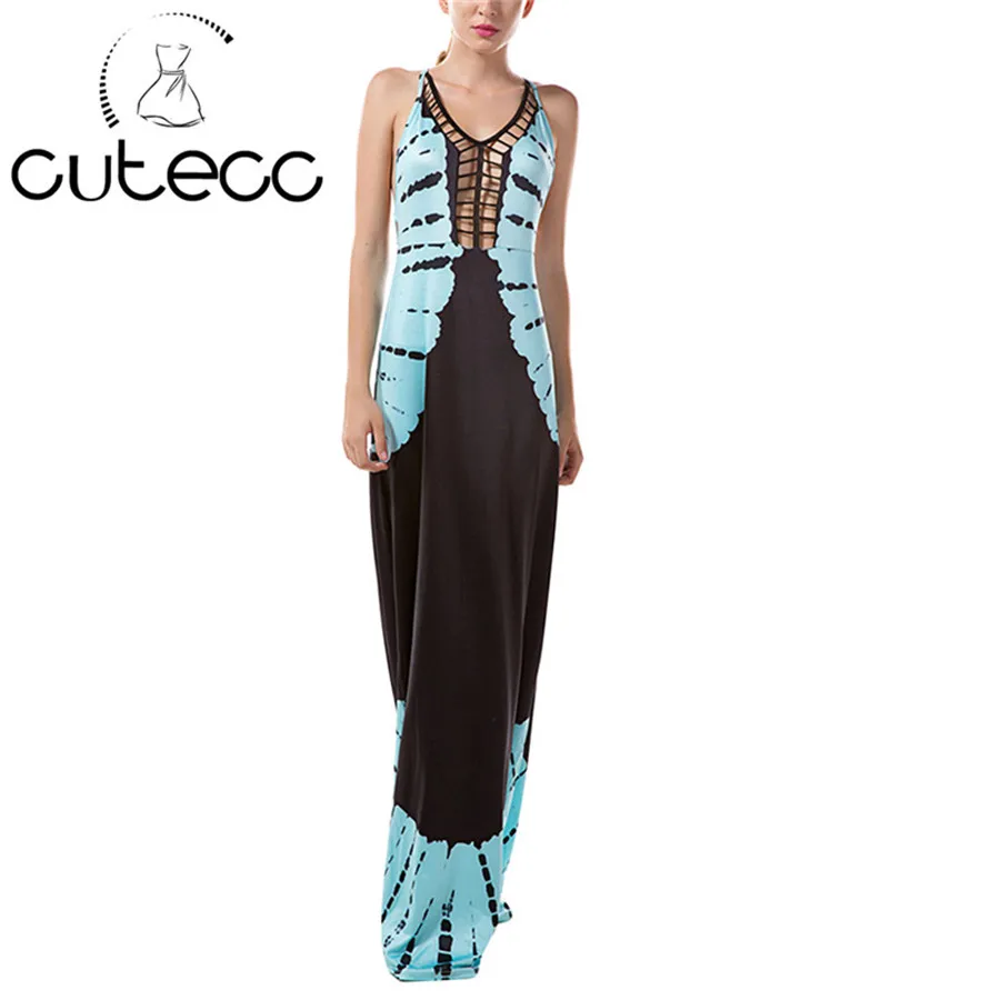 Синие летние пляжные Стиль Для женщин длинное платье Холтер v-образным вырезом Sexy