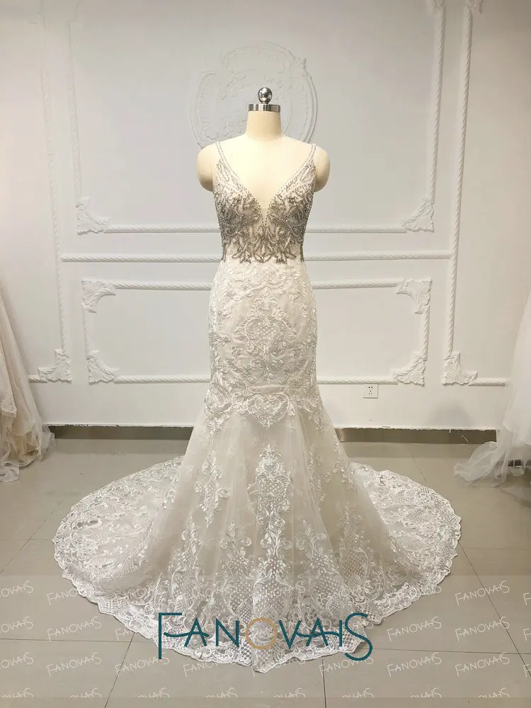 Crystal RhineStone Luxury Mermaid Wedding Dresses Lace Wedding Gowns Vestido De Novia Длинный Поезд Пляж Свадебные Платья