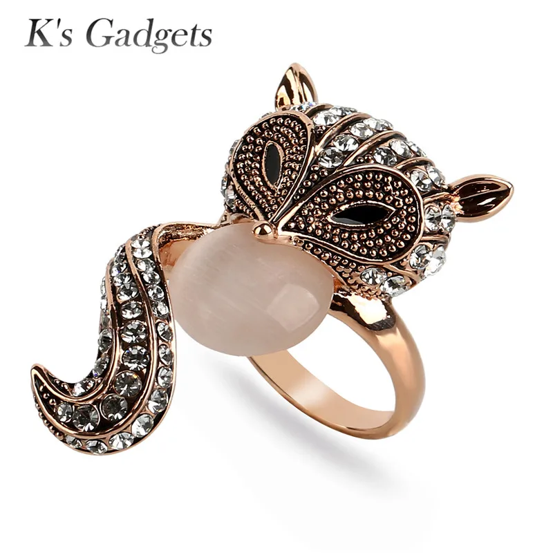 Животных Фокс кольца для Для женщин Природный камень опал Antique Rose Gold Цвет со