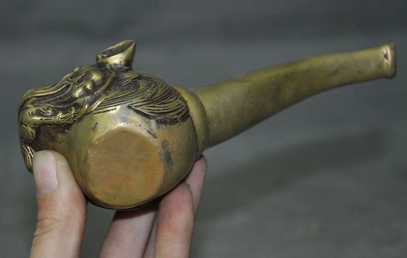 6 &quotстаринная китайская бронза foo Собака Лев Голова зверя статуя табачная трубка