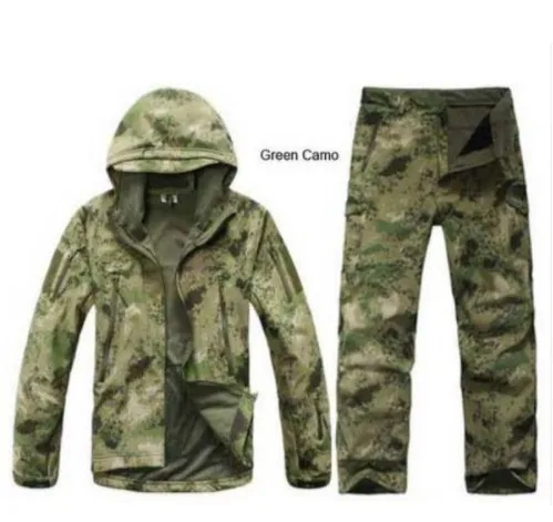 green camo Sharkskin Открытый Охота Ghillie костюм Кемпинг водонепроницаемая куртка tad4.0 мягкая оболочка флисовая куртка+ брюки Снайпер камуфляж - Цвет: green camo