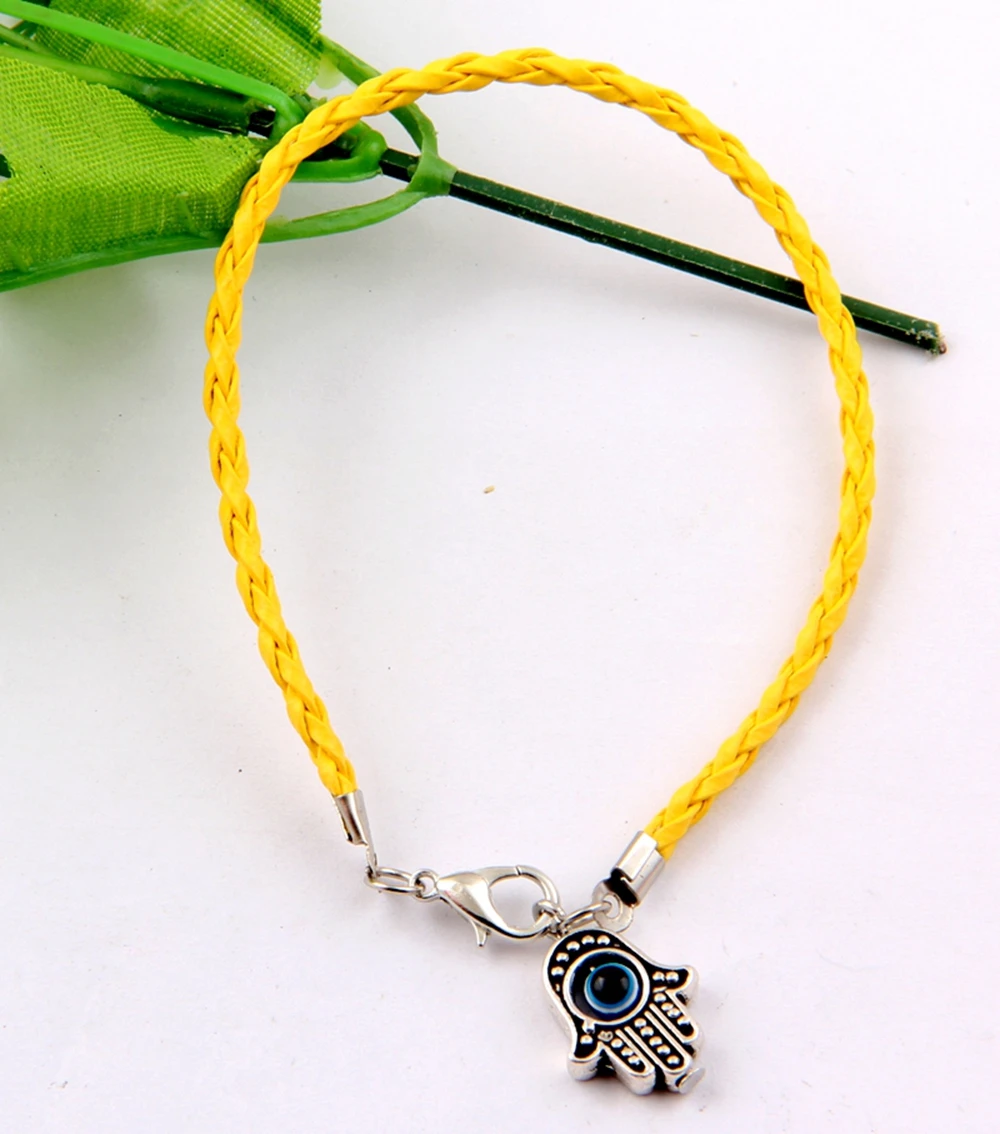 Оптовая продажа 10 шт. желтые браслеты гирлянды HAMSA Кожаные Подвески на