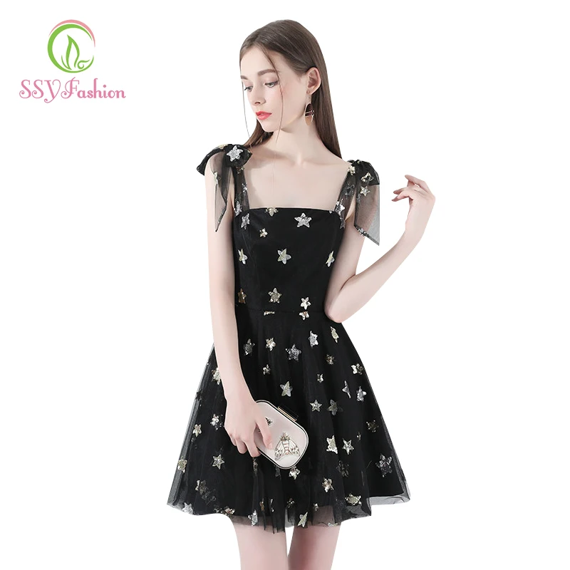 Ssyfashion новый сексуальный чёрное коктейльное платье Короткие без рукавов с
