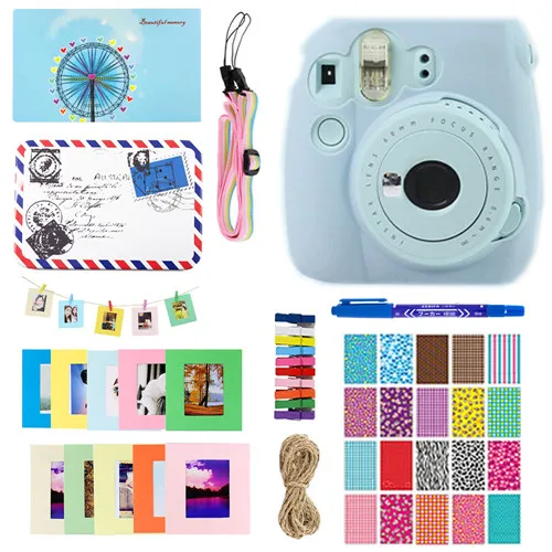 Light Blue 9 в 1 комплект аксессуаров для камеры Fuji Instax Mini 9 Ablum/коробка для хранения/Чехол/ремешок/настенные рамки/струны/зажим/наклейки - Color: Light Blue