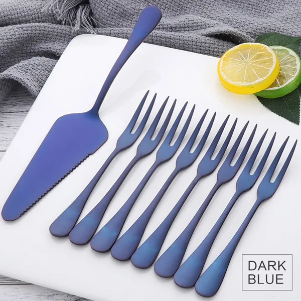 Dark BLue 9pcs 9 шт. нержавеющая сталь торт вилки пирог комплект лопат используется для торта в вечерние Роскошные фиолетовые фрукты вилка набор мини-вилки для десерта - Цвет: Dark BLue 9pcs