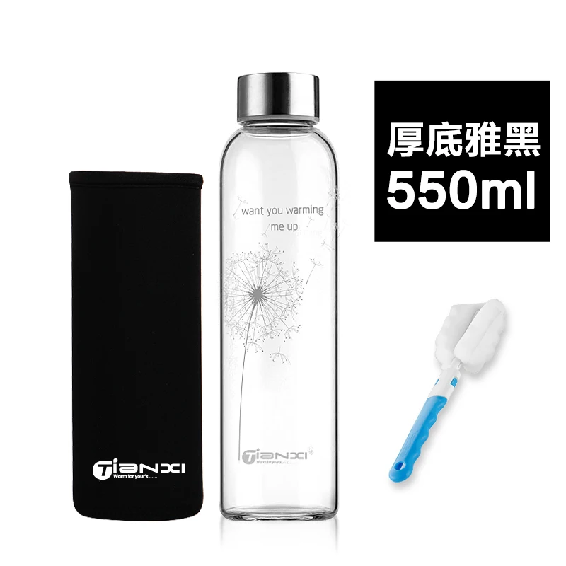 Tianxi Лидер продаж Стекло Спортивная бутылка для воды с защитной сумкой 280/360/550 мл пары на открытом воздухе велосипед бутылок высокого качества - Цвет: Черный