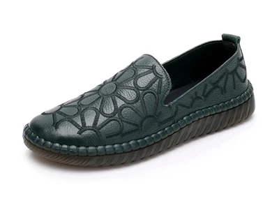 GKTINOO Casual Genuine Leather Flat Shoe Flower Slip On Driving Shoe Female Moccasins Embroider Flats Lady Pregnant Women Shoes - Цвет: green