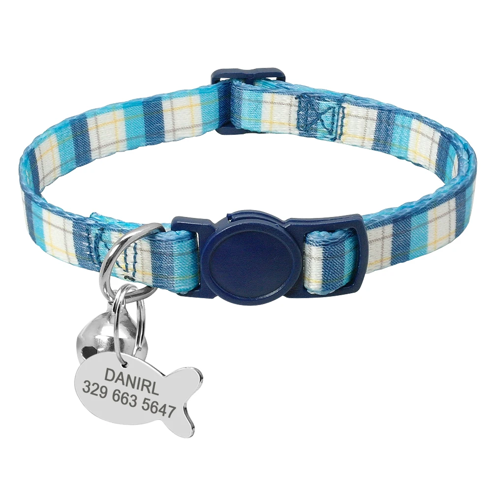 Light Blue Ошейник для котенка, кошки, персонализированный ошейник для котов, быстроразъемный ошейник для домашних животных, разъемное ожерелье, индивидуальная бирка с именем рыбы и колокольчиком - Цвет: Light Blue