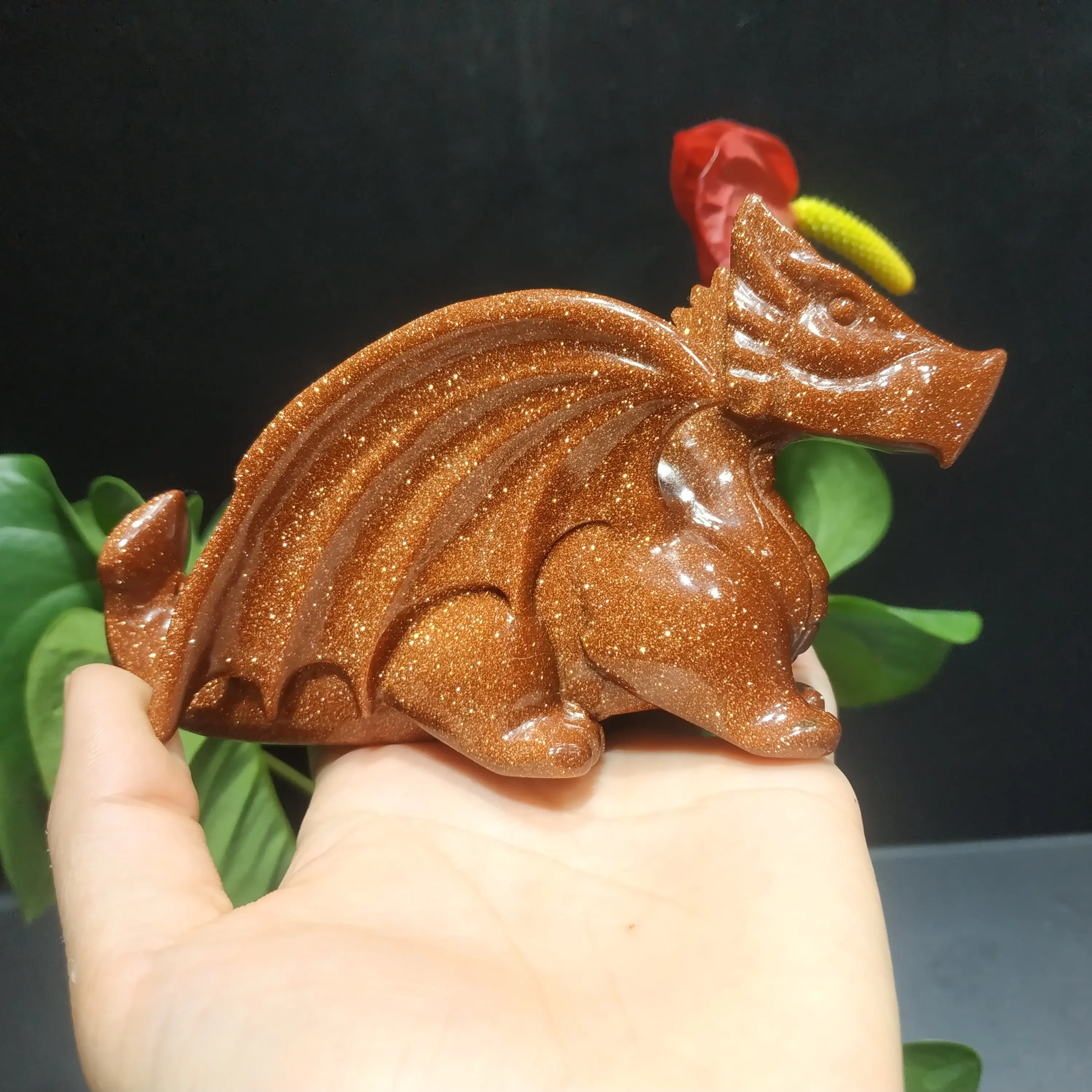 

Natural crystal carving red gold sandstone flying dragon home decoration