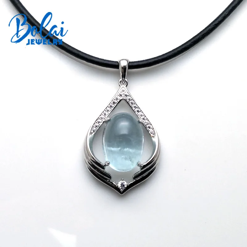 

Bolaijewelry,Natural aquamarine gemstone oval 10*14mm 7.5ct 925 silver light-color pendant for women anniversary party best gift