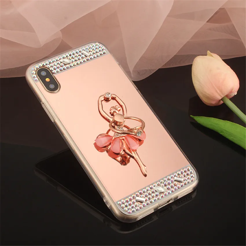 Модный Блестящий зеркальный мягкий чехол со стразами для iPhone 7 6 Plus с кольцом