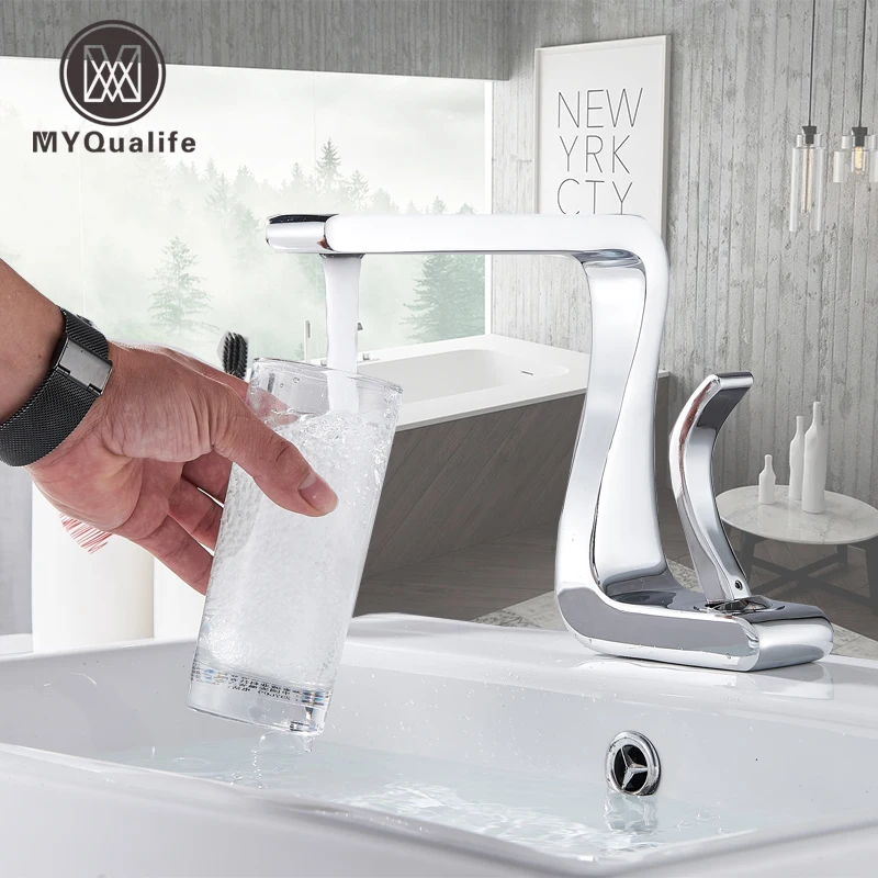 

MYQualife Creative Design Chrome /Black Basin Faucet Washing Basin Mixer Deck Mounted Cold and Hot Bathroom Faucet