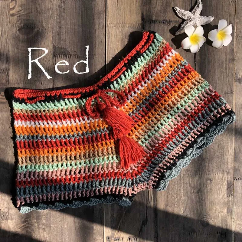 Вязанные крючком полосатые шорты для женщин, летние пляжные шорты Boho, средняя талия, хлопковые шорты для девушек, сексуальные обтягивающие шорты для женщин, низ, ручная работа - Цвет: Red