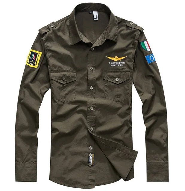 Армейский зеленый Рубашка air force one Мужские рубашки с длинным рукавом slim fit Asstseries для мужчин, в стиле милитари платье рубашка 4XL мужские рубашки camisa masculina - Цвет: Армейский зеленый