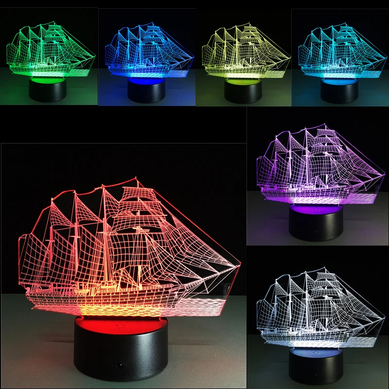 3D ночные светильники парусник USB светодиодный ная настольная лампа 7 цветов