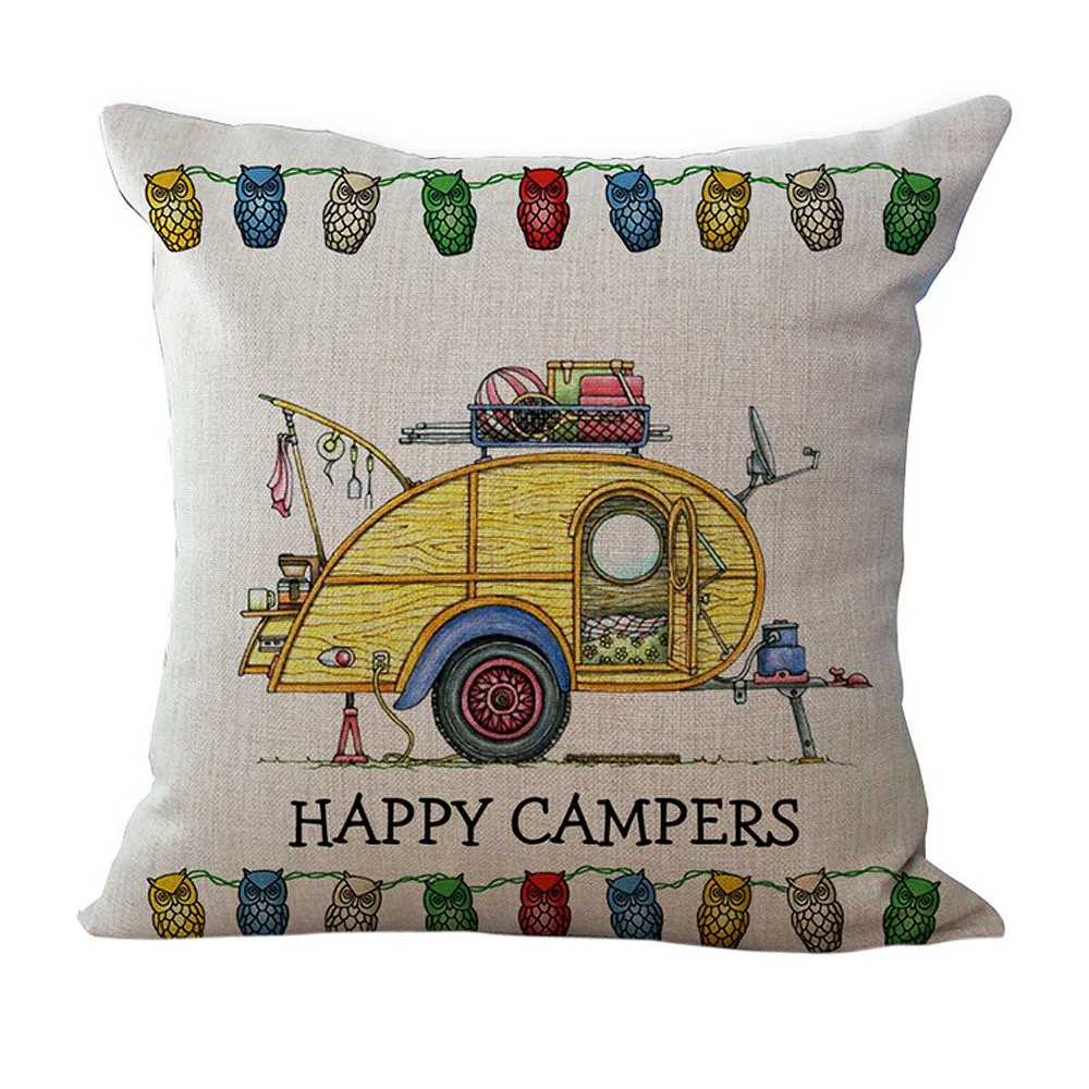 Gajjar Linen Cushion Cover Happy Campers Throw Pillow Case Letter Car For Sofa Bedroom Home Decoration 45cm*45cm402 | Дом и сад