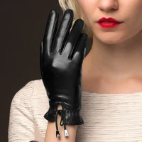 sheepskin real leather gloves female plus velvet leather gloves autumn winter keep warm fashion black womans gloves nw775 1
