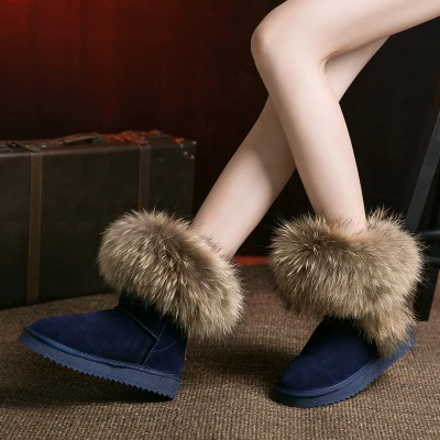 dark blue suede G& ZaCo/роскошные женские зимние ботинки с натуральным лисьим мехом; водонепроницаемые ботильоны из натуральной кожи на плоской подошве; зимние ботинки на натуральном меху - Цвет: dark blue suede