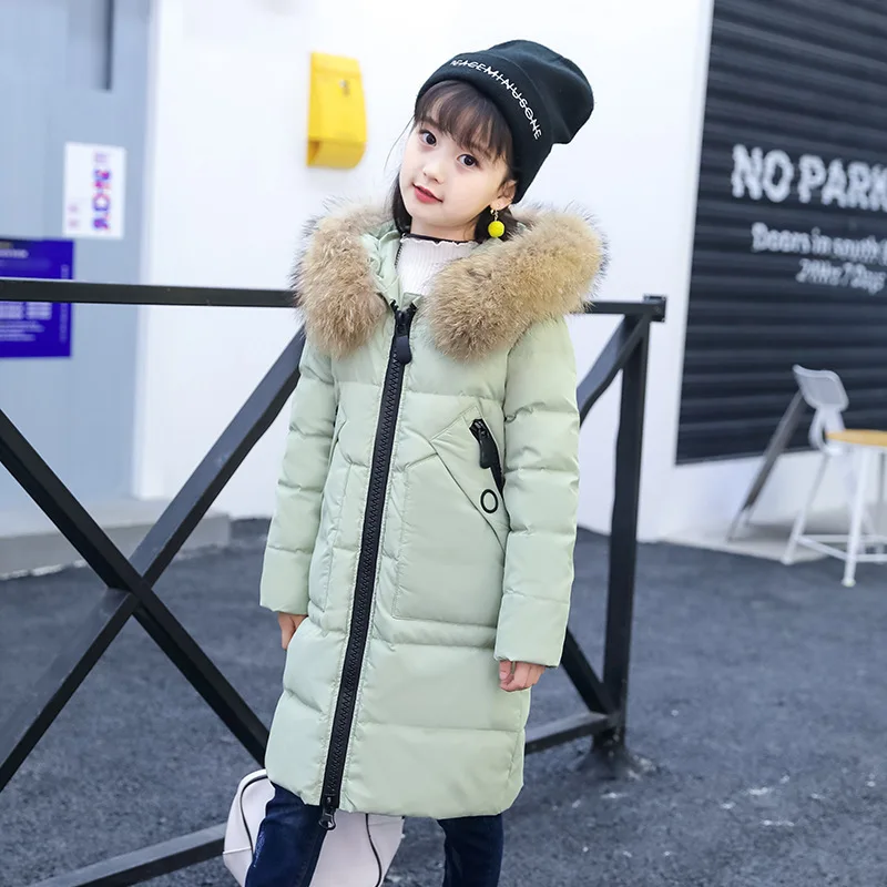 pale green Одежда для девочек до-30 градусов теплый пуховик для девочек, одежда г. Зимняя утепленная парка детская верхняя одежда с капюшоном и натуральным мехом, пальто - Цвет: pale green