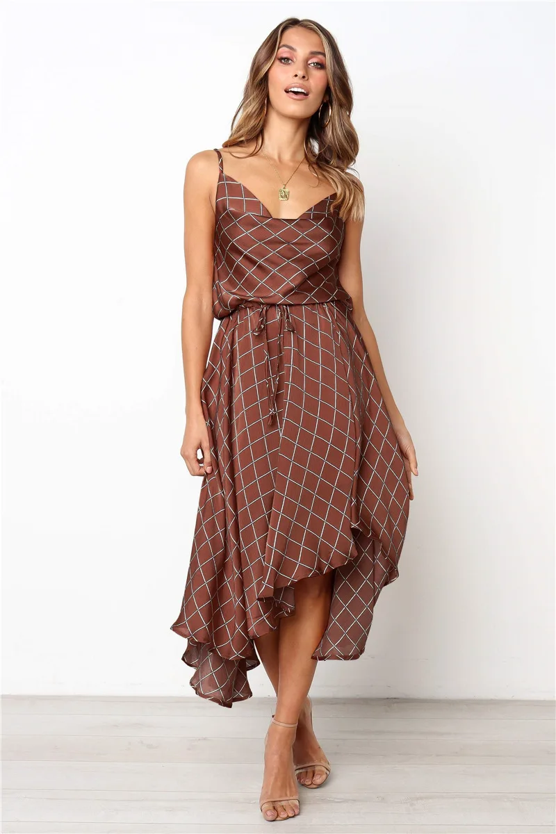 2019 Fashion Women Dress Summer Plaid Laced Sexy V-neck Halter Irregular Sleeveless Bohemian Mid Calf Female Beach Dresses | Женская