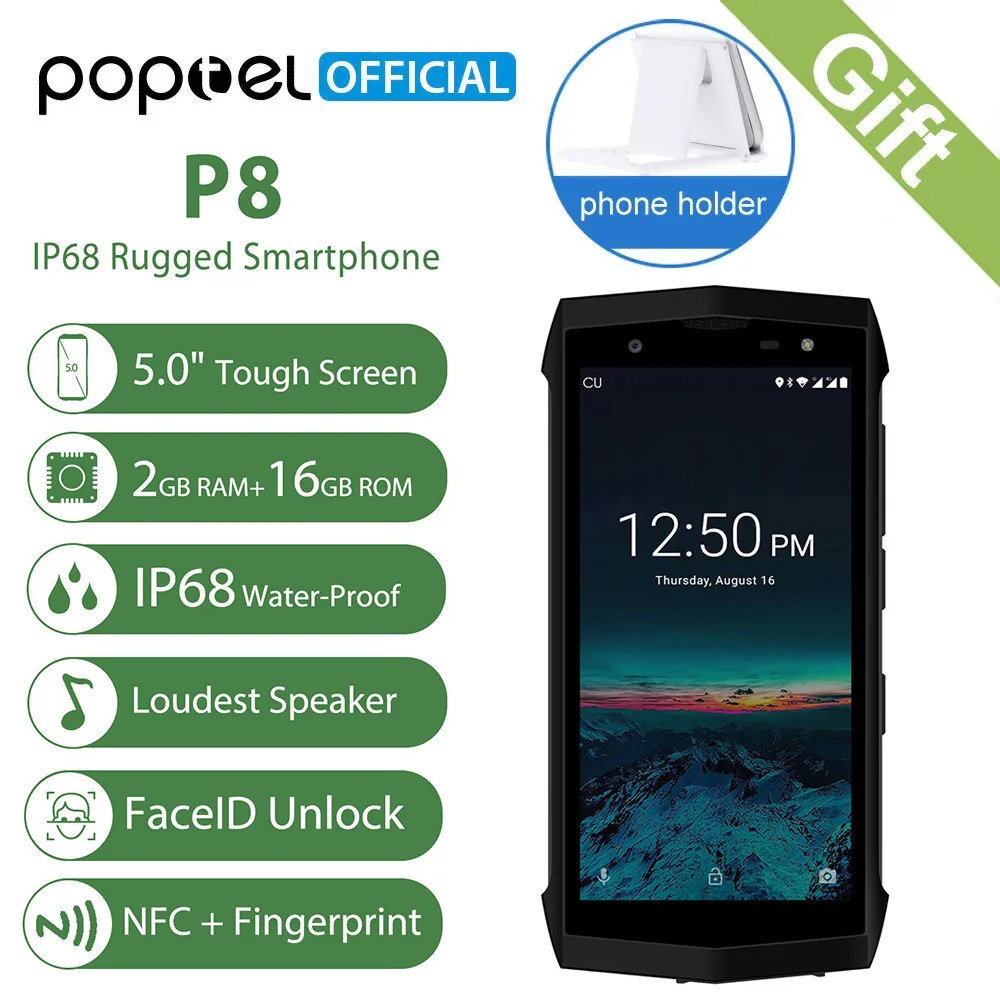 Оригинальный POPTEL P8 5 0 ''HD Android 8 1 Мобильный Телефон IP68 Пылезащитный