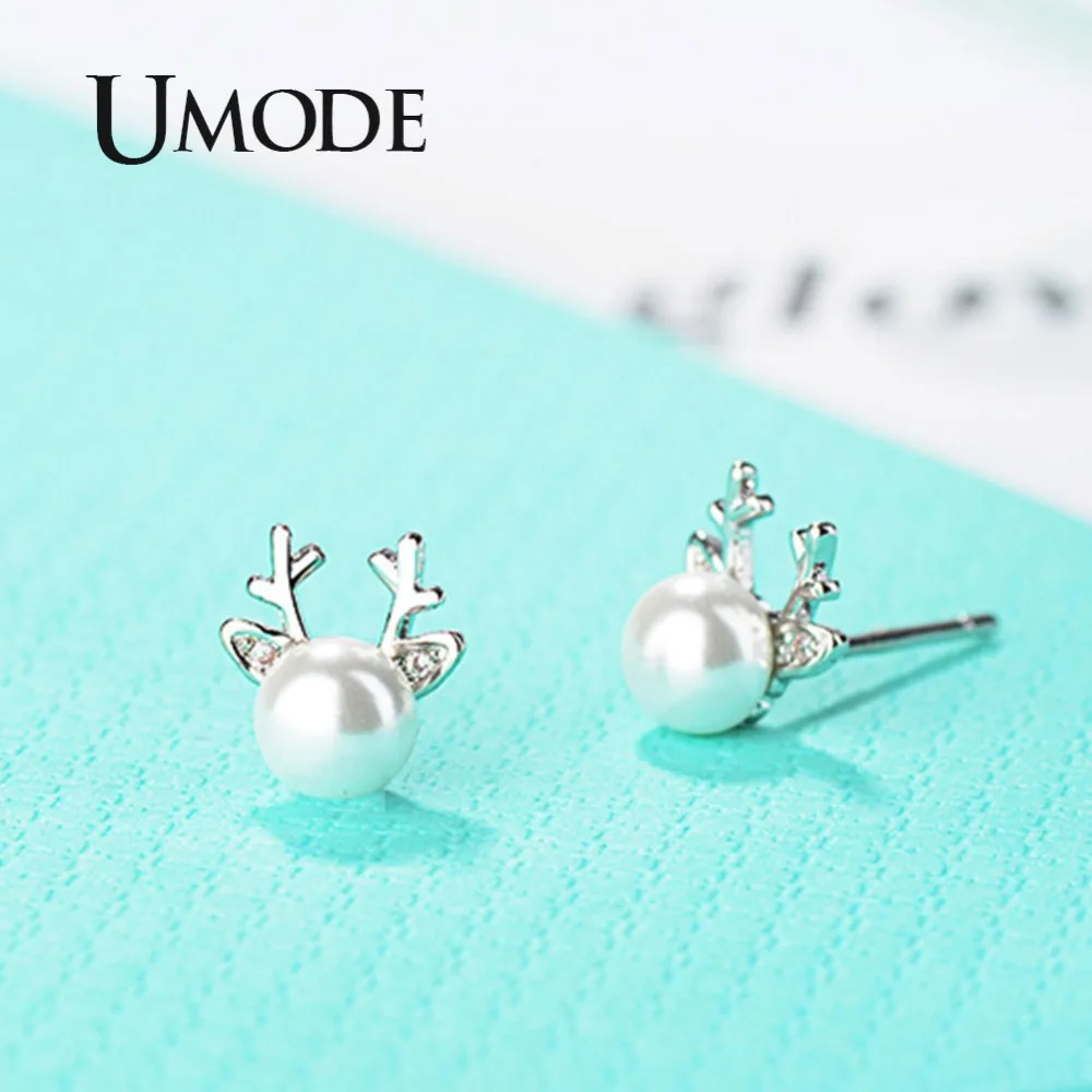 UMODE новая мода белый жемчуг оленьи рога серьги-гвоздики для женщин золотой ушные
