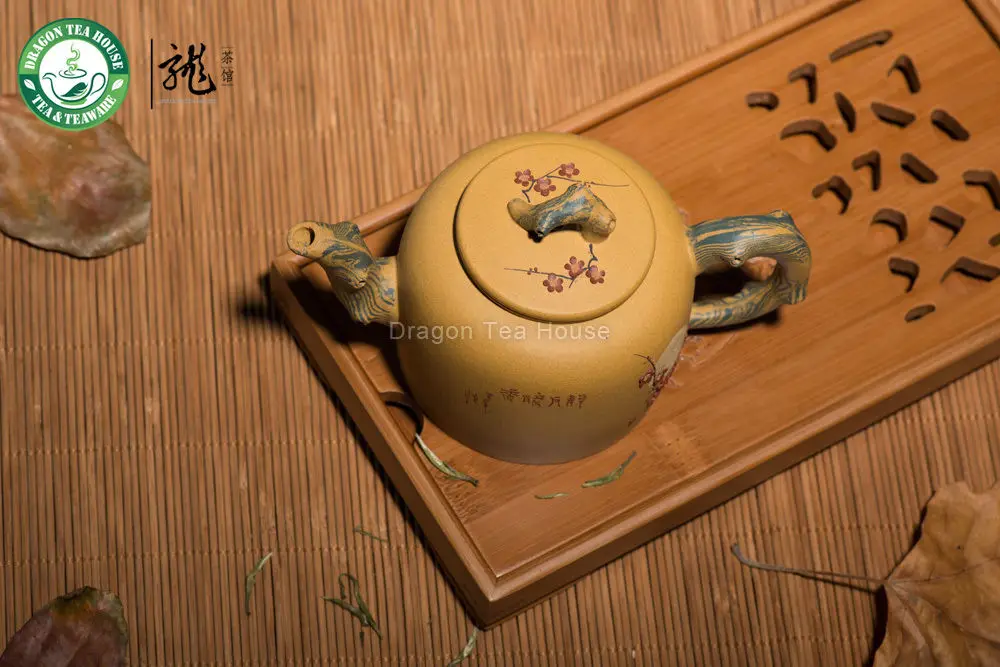 Чайник из красной глины Yixing Zisha ручной работы с желтым цветком сливы 330 мл|clay