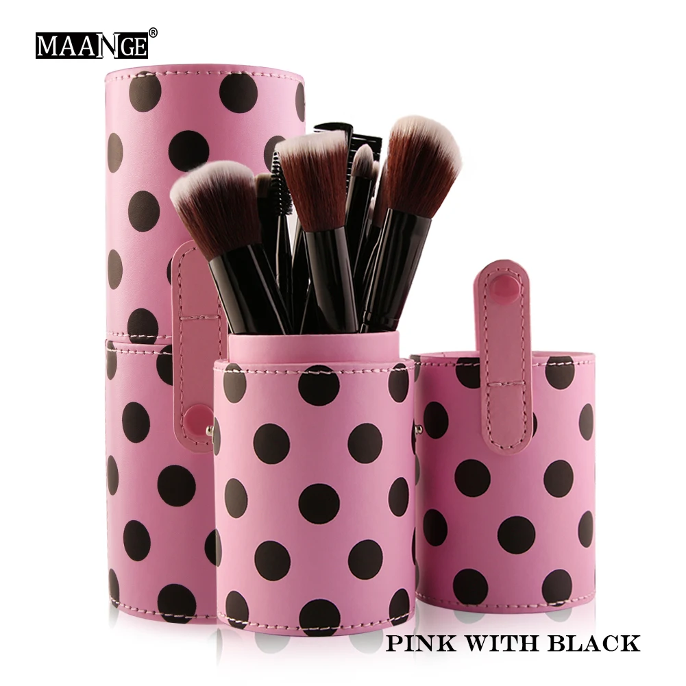 Pink Black MAANGE peofessial 12 шт./компл. тени для век основа бровей губ Косметическая кисть, для макияжа Кисти Инструмент Держатель для чашки кожаный чехол Комплект - Handle Color: Pink Black